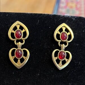 Gold and Red Double Heart Earrings